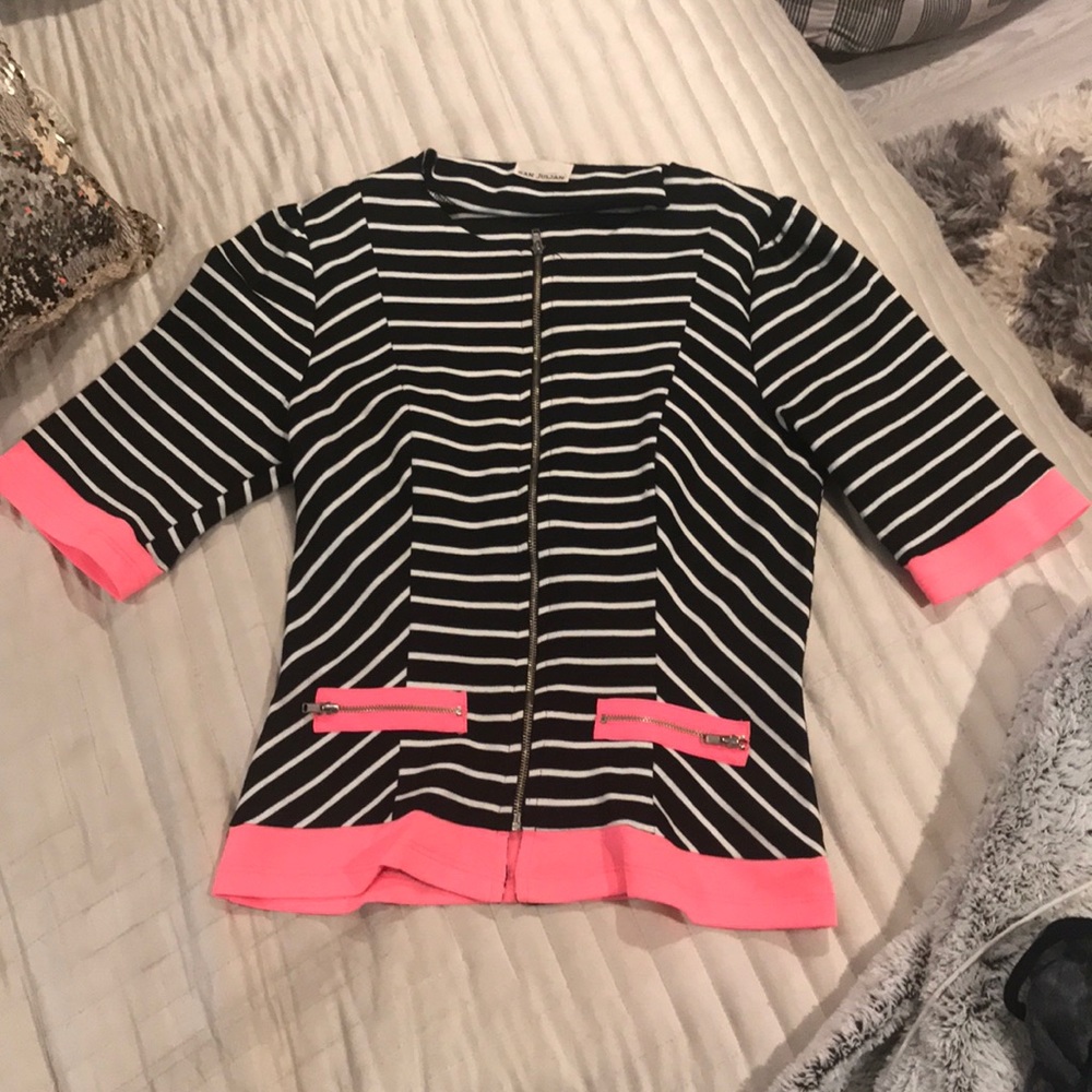 Black, White and Hot Pink Striped Crop Zip Jacket